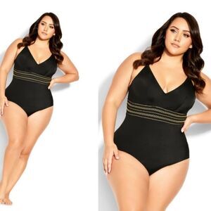 NEW City Chic LUCIA Black Swimsuit with Gold Accents Size 18 One Piece Gorgeous